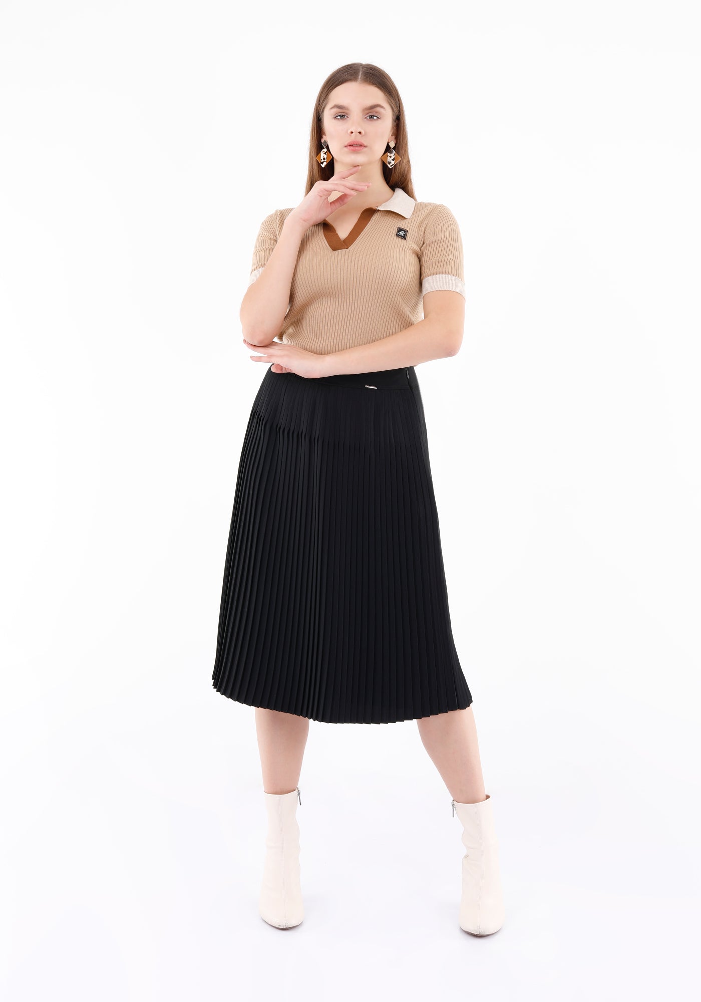 Guzella Women's Thin Plisse High Waisted Pleated Black Midi Skirt Guzella