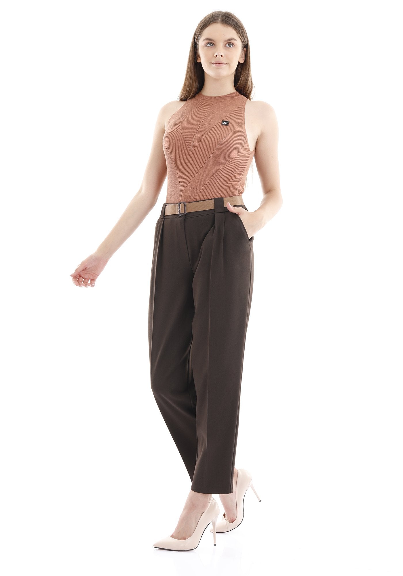 Guzella Women's Brown Harem Pants with Belt Order Online