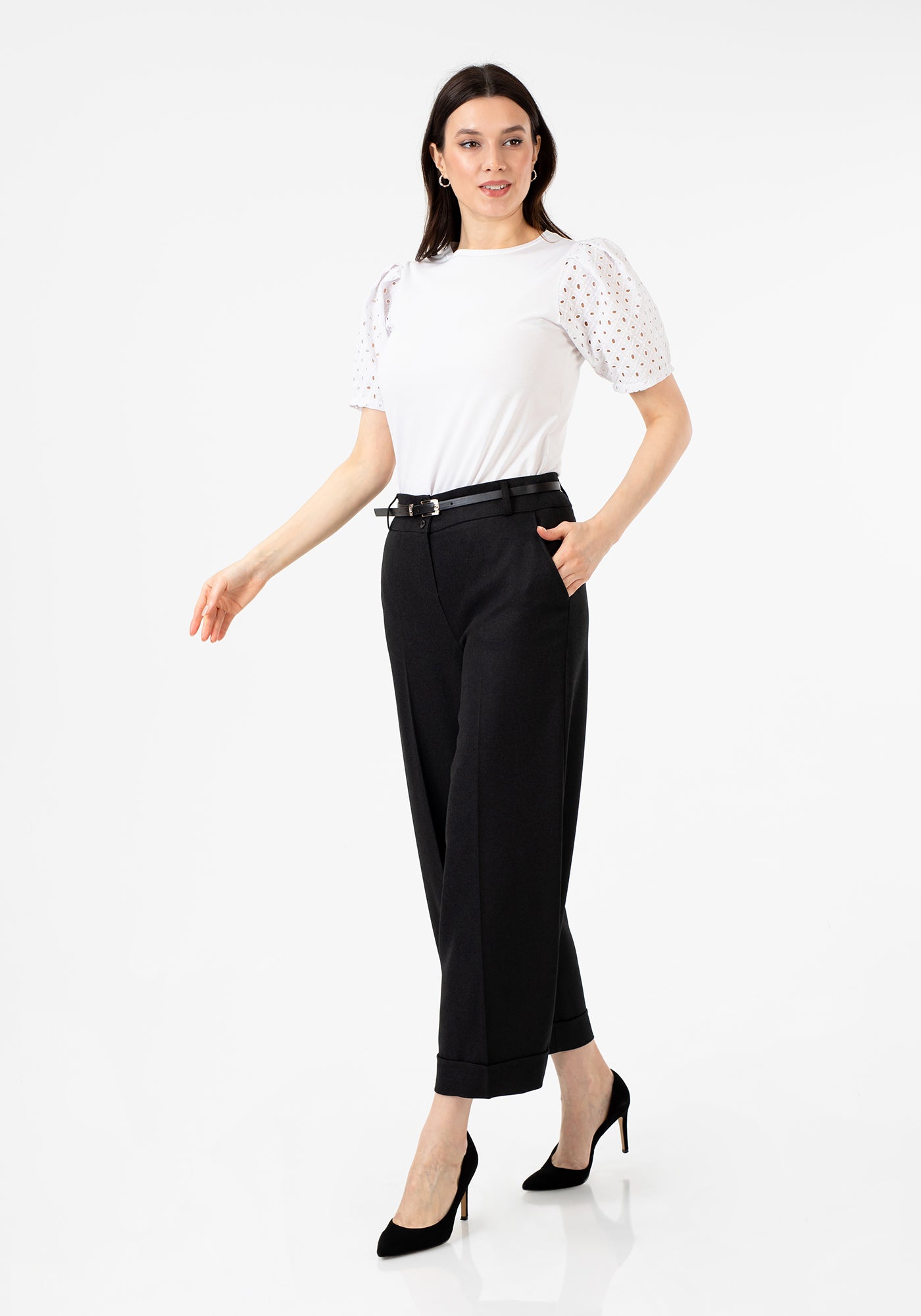Women's Straight Leg Cropped Work Pants with Pockets & Belt G-Line