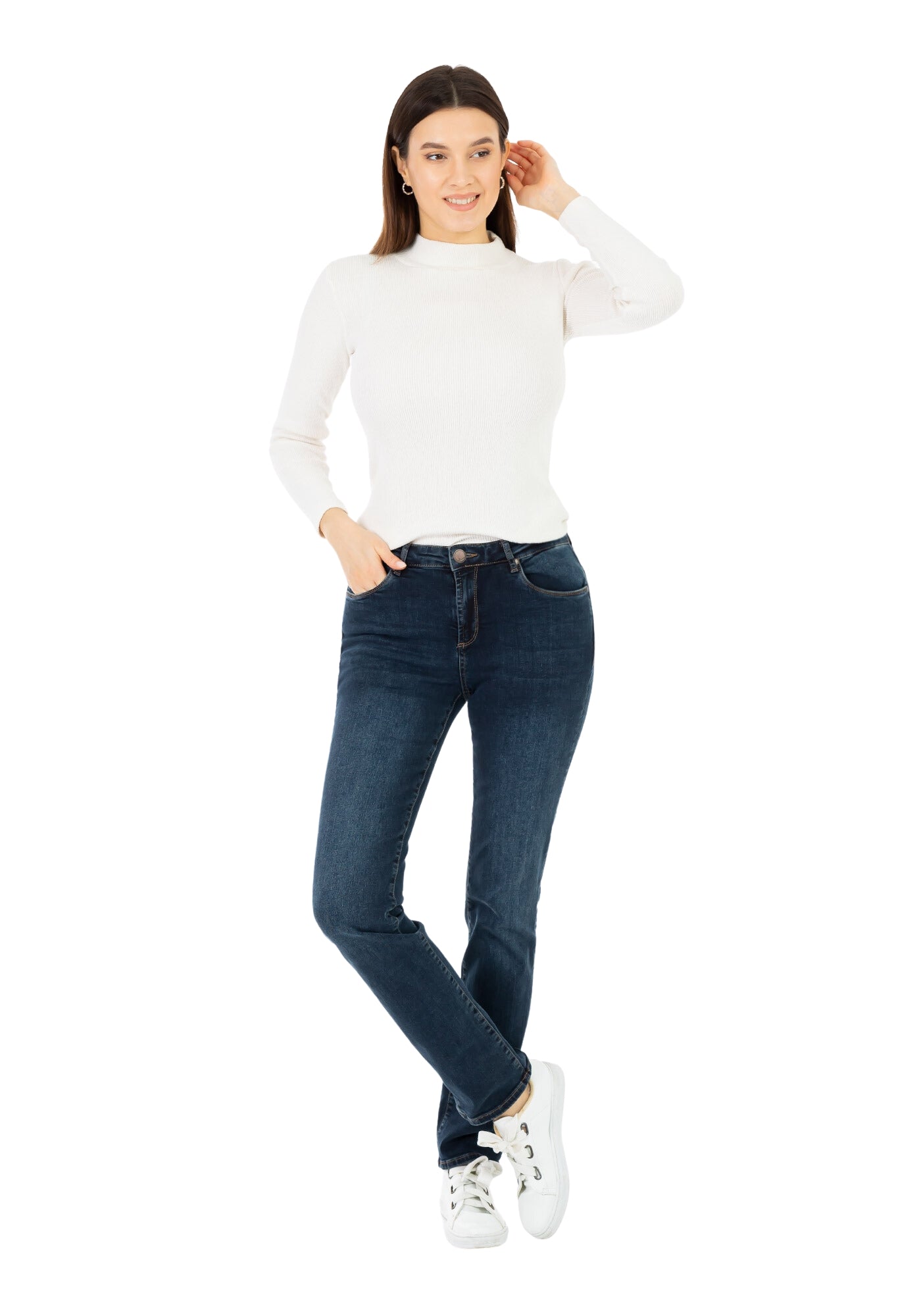 Women’s Navy Blue Mid Waist Regular Fit Straight Leg Jeans G-Line