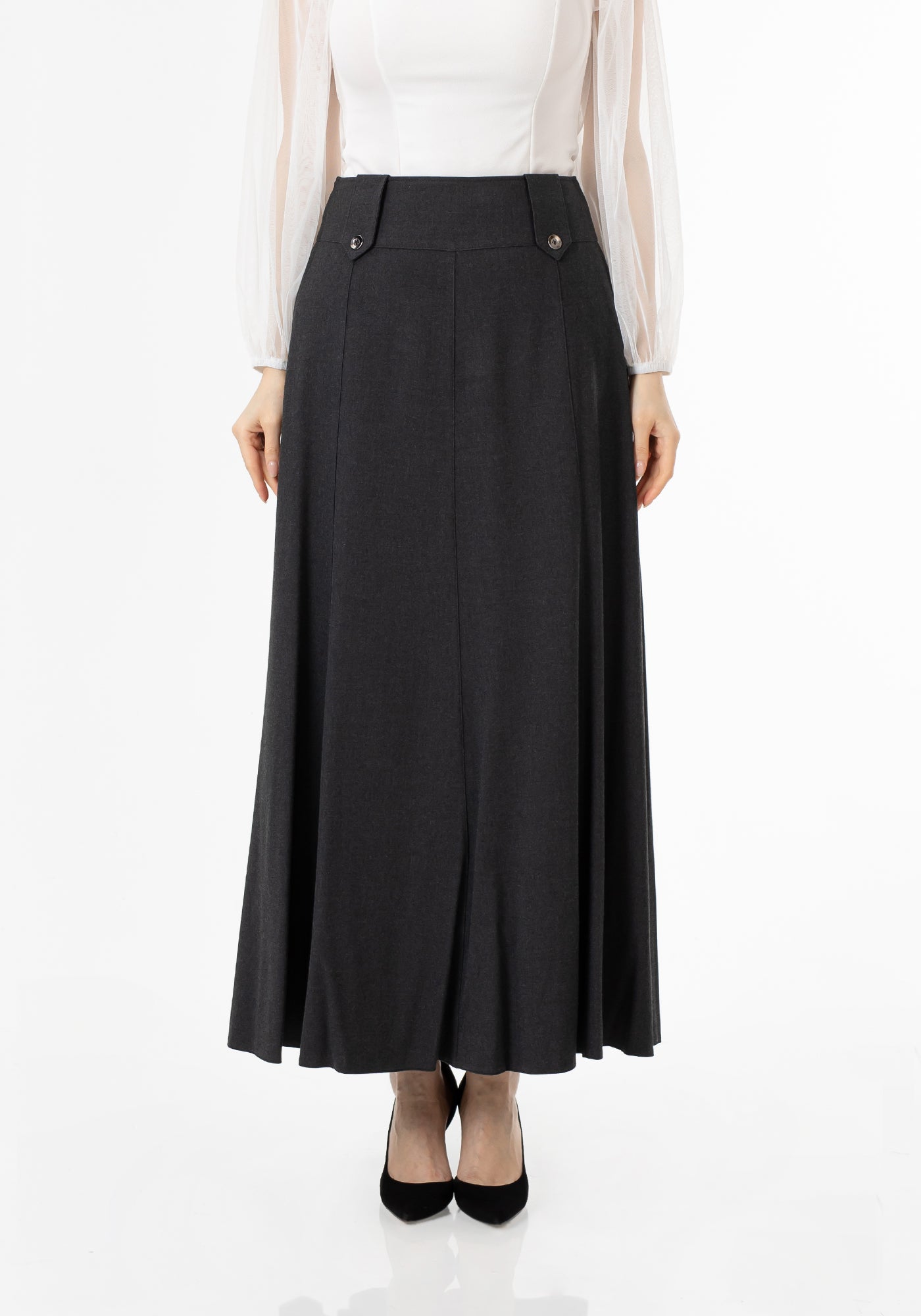 Stylish Charcoal Maxi Flared Skirt with Unique Gores and Comfortable Fit G-Line