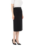 Black Midi Pencil Skirt with Elastic Waist and Closed Pleated Back Vent G-Line