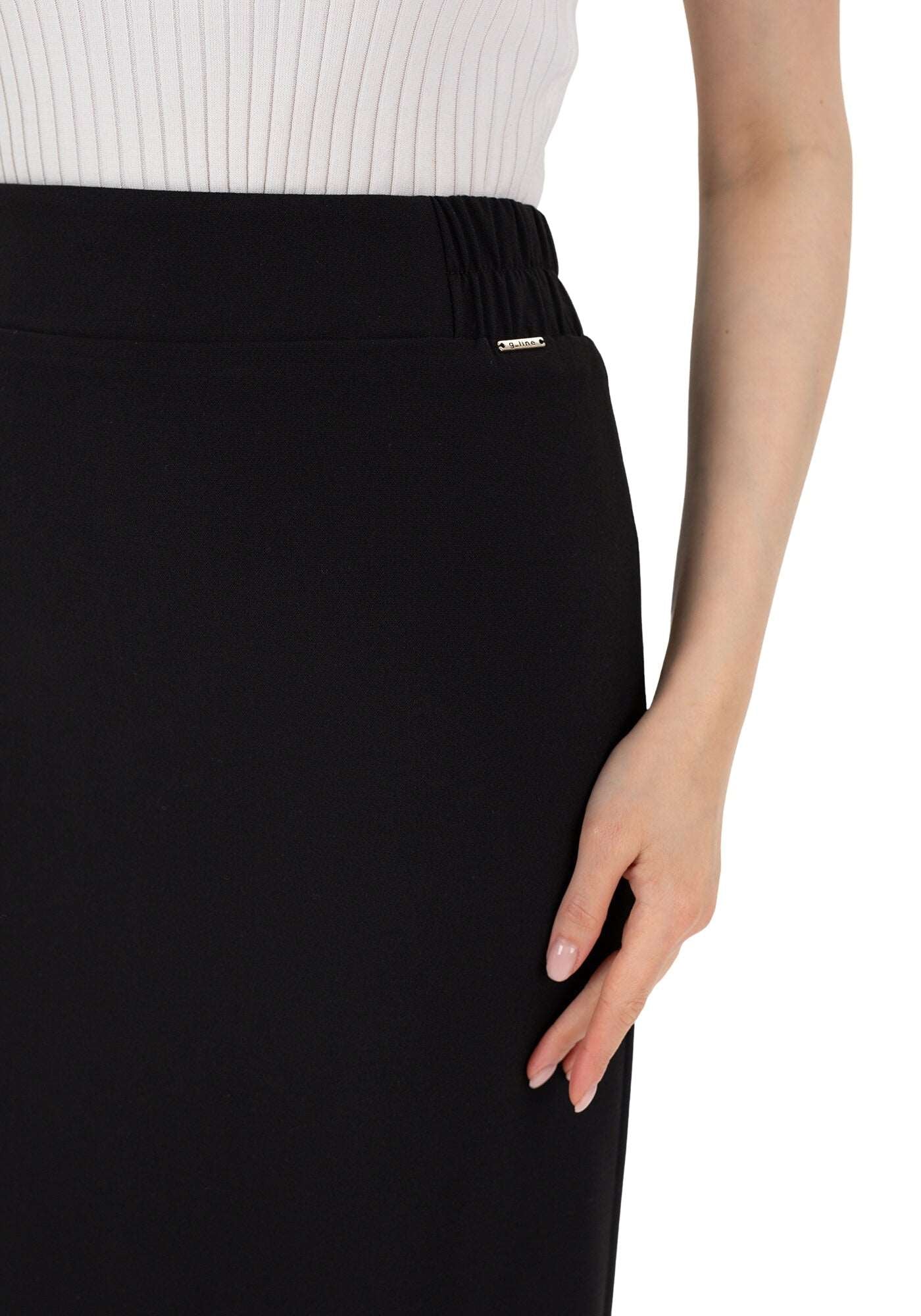 Black Midi Pencil Skirt with Elastic Waist and Closed Back Vent G-Line