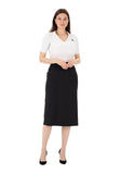 Black Midi Pencil Skirt with Elastic Waist and Closed Pleated Back Vent G-Line