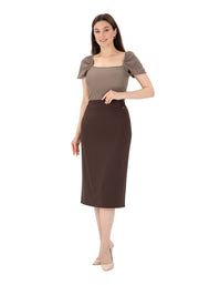 Brown Midi Pencil Skirt with Elastic Waist and Closed Back Vent