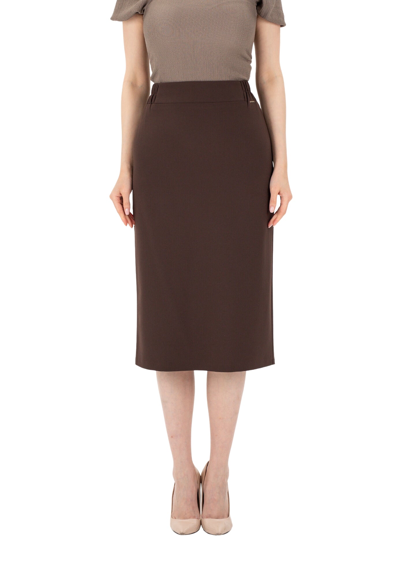 Brown Midi Pencil Skirt with Elastic Waist and Closed Back Vent G-Line
