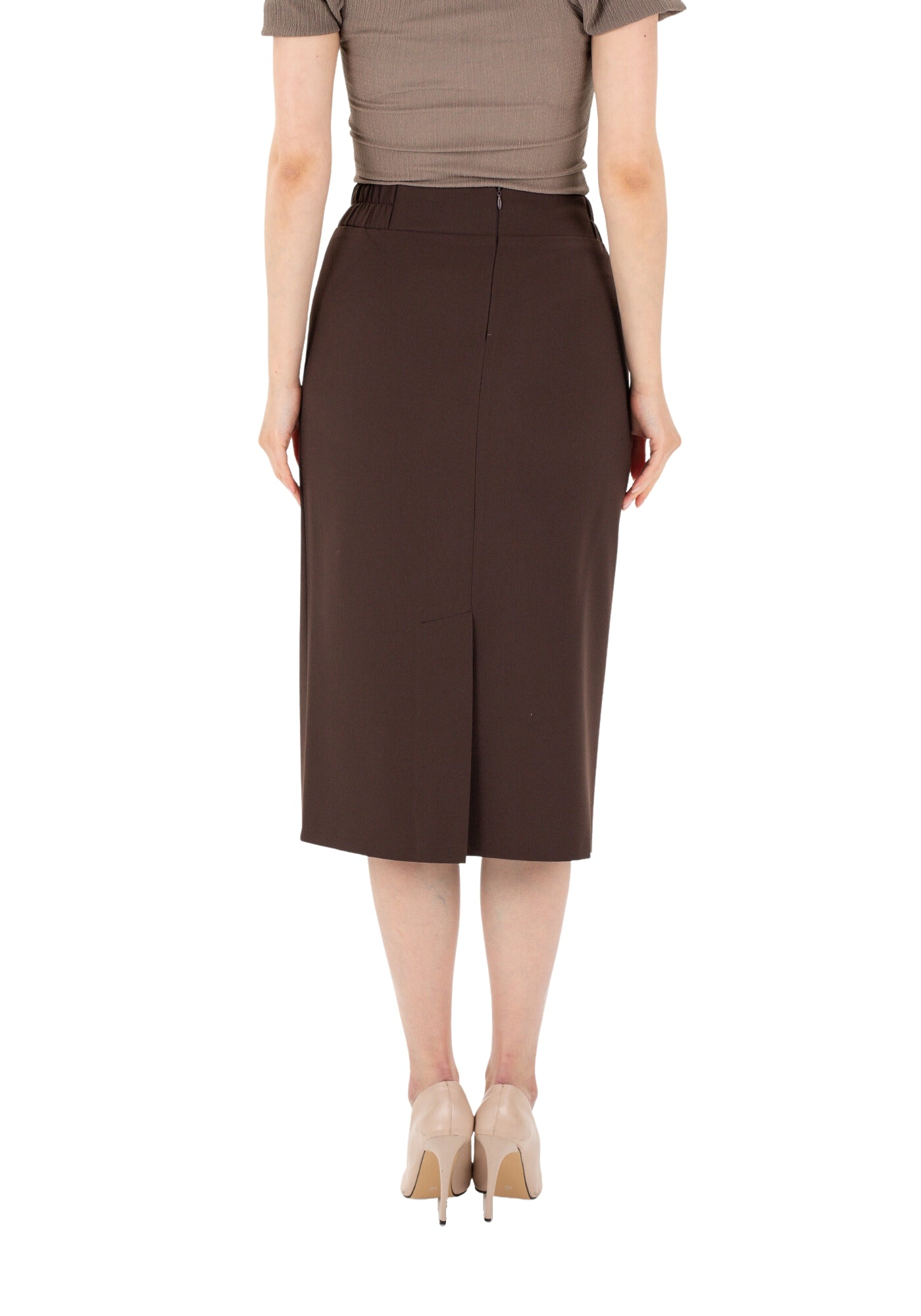 Brown Midi Pencil Skirt with Elastic Waist and Closed Back Vent G-Line