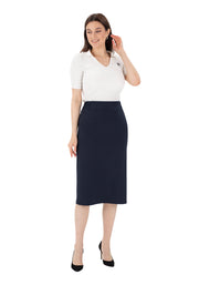 Navy Blue Midi Pencil Skirt with Elastic Waist and Closed Back Vent