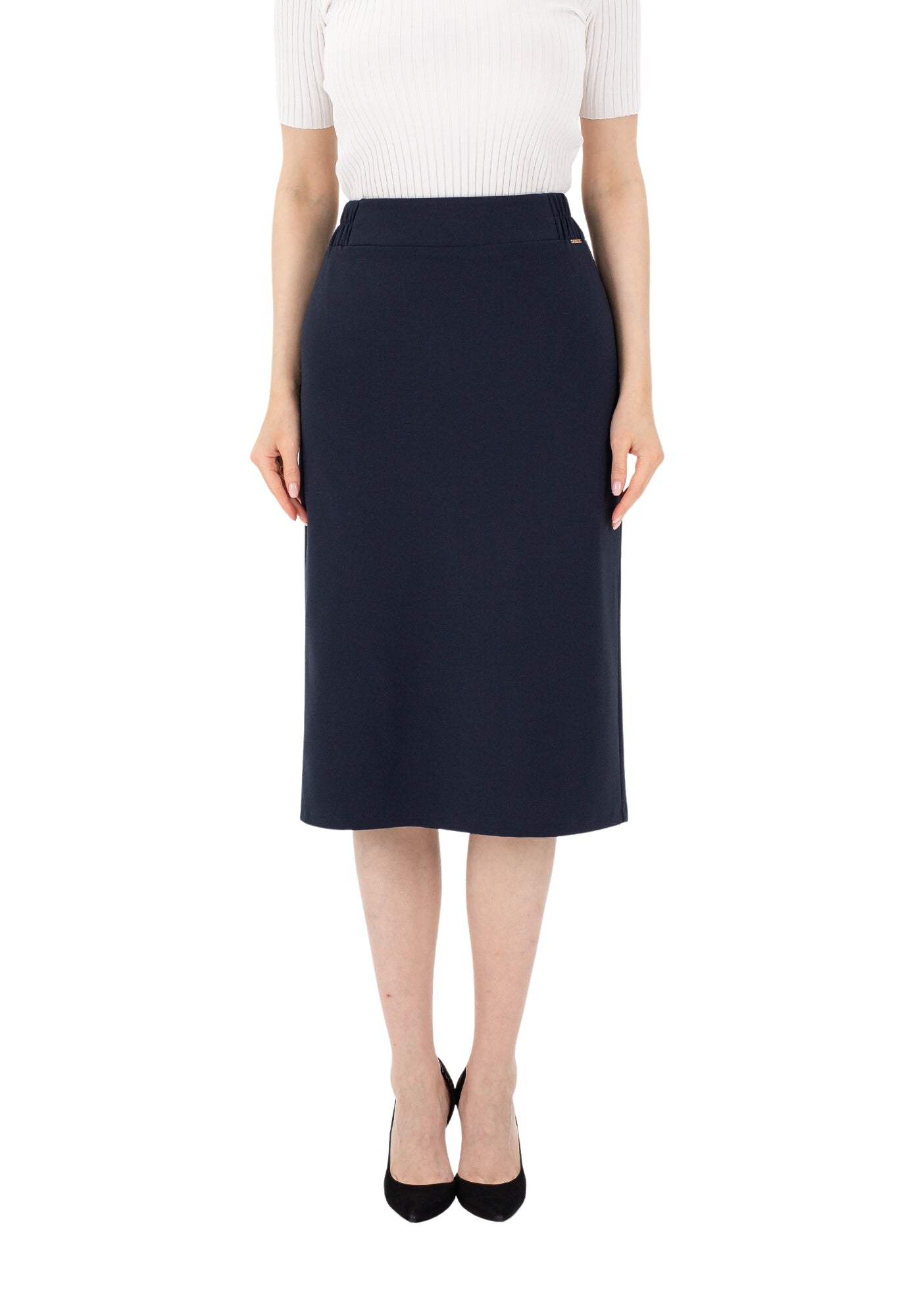 Navy Blue Midi Pencil Skirt with Elastic Waist and Closed Back Vent G-Line