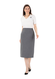Grey Midi Pencil Skirt with Elastic Waist and Closed Back Vent