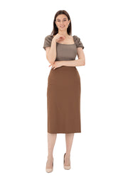 Copper Midi Pencil Skirt with Elastic Waist and Closed Back Vent