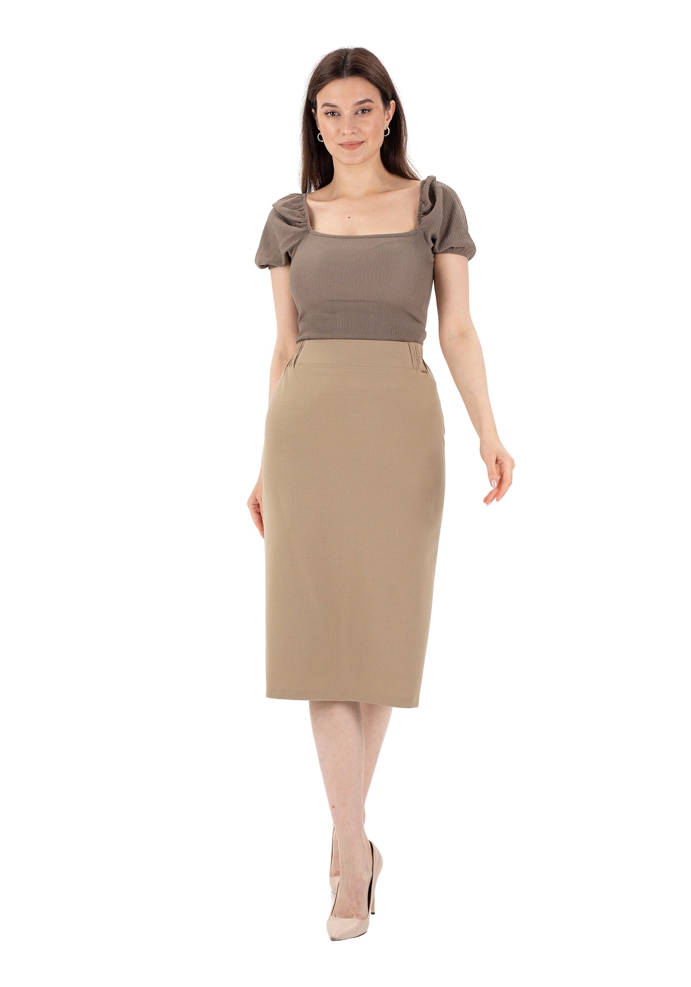 Camel Midi Pencil Skirt with Elastic Waist and Closed Back Vent G-Line