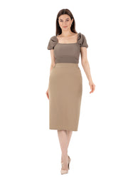 Camel Midi Pencil Skirt with Elastic Waist and Closed Back Vent