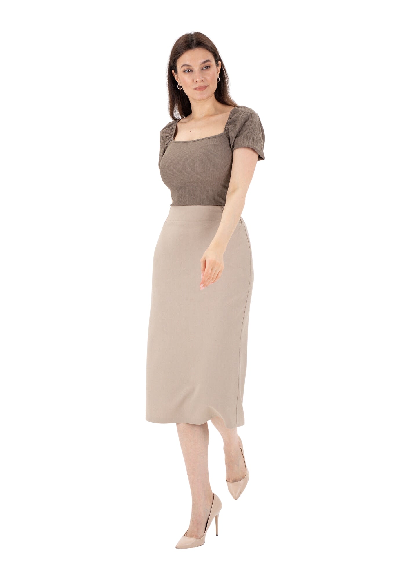 Stone Midi Pencil Skirt with Elastic Waist and Closed Back Vent G-Line