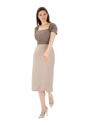 Stone Midi Pencil Skirt with Elastic Waist and Closed Back Vent