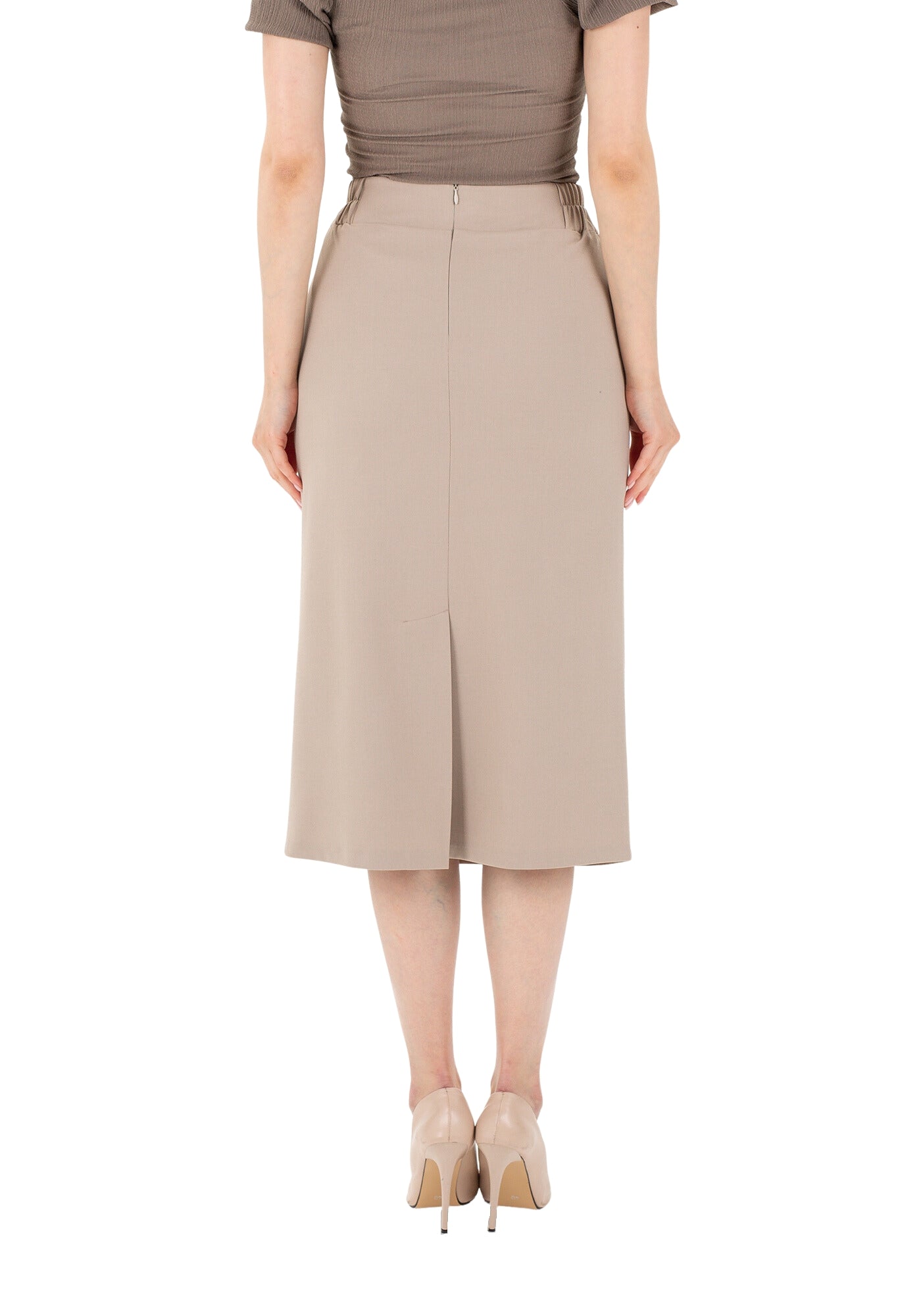 Stone Midi Pencil Skirt with Elastic Waist and Closed Back Vent G-Line