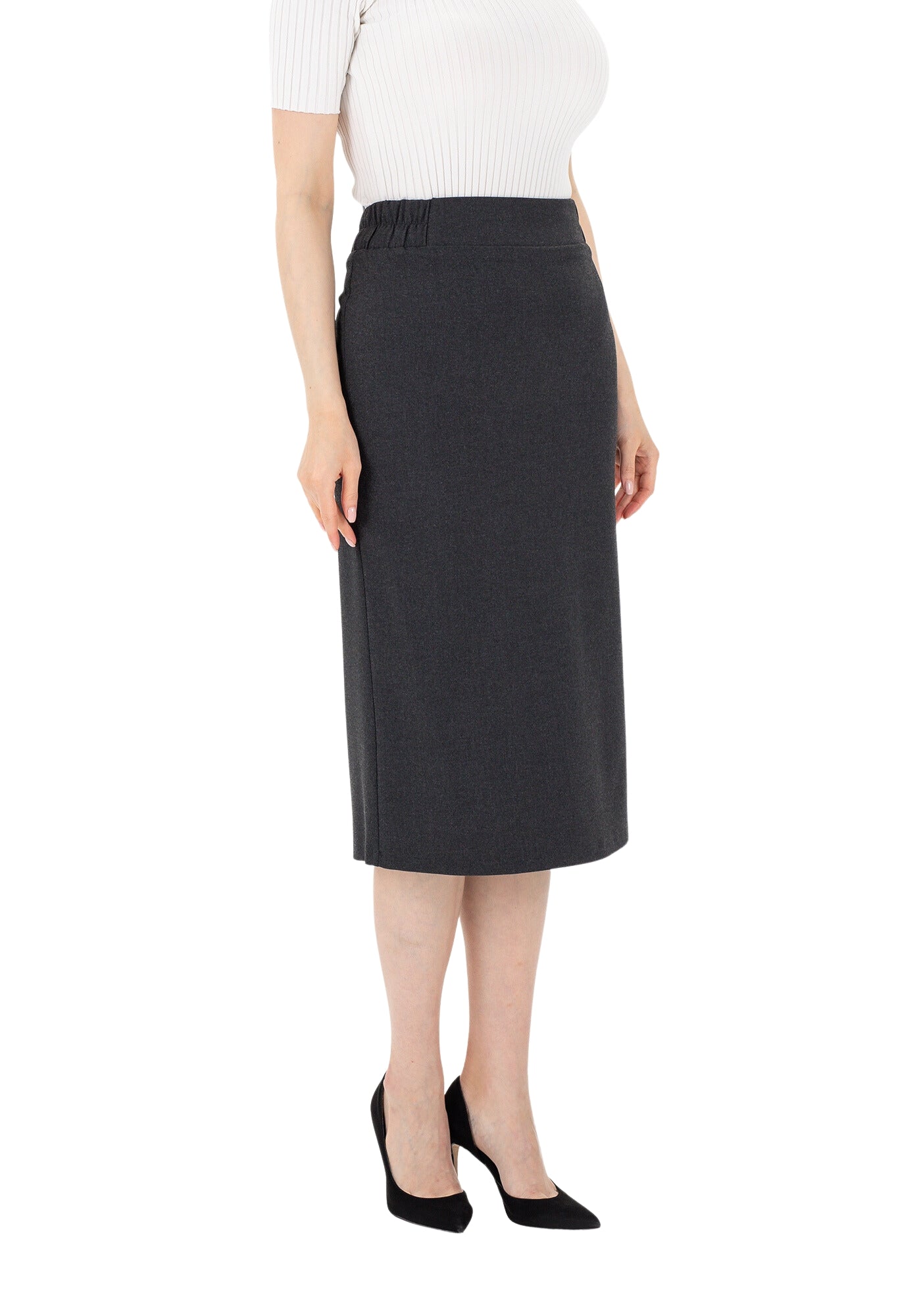 Charcoal Midi Pencil Skirt with Elastic Waist and Closed Back Vent G-Line