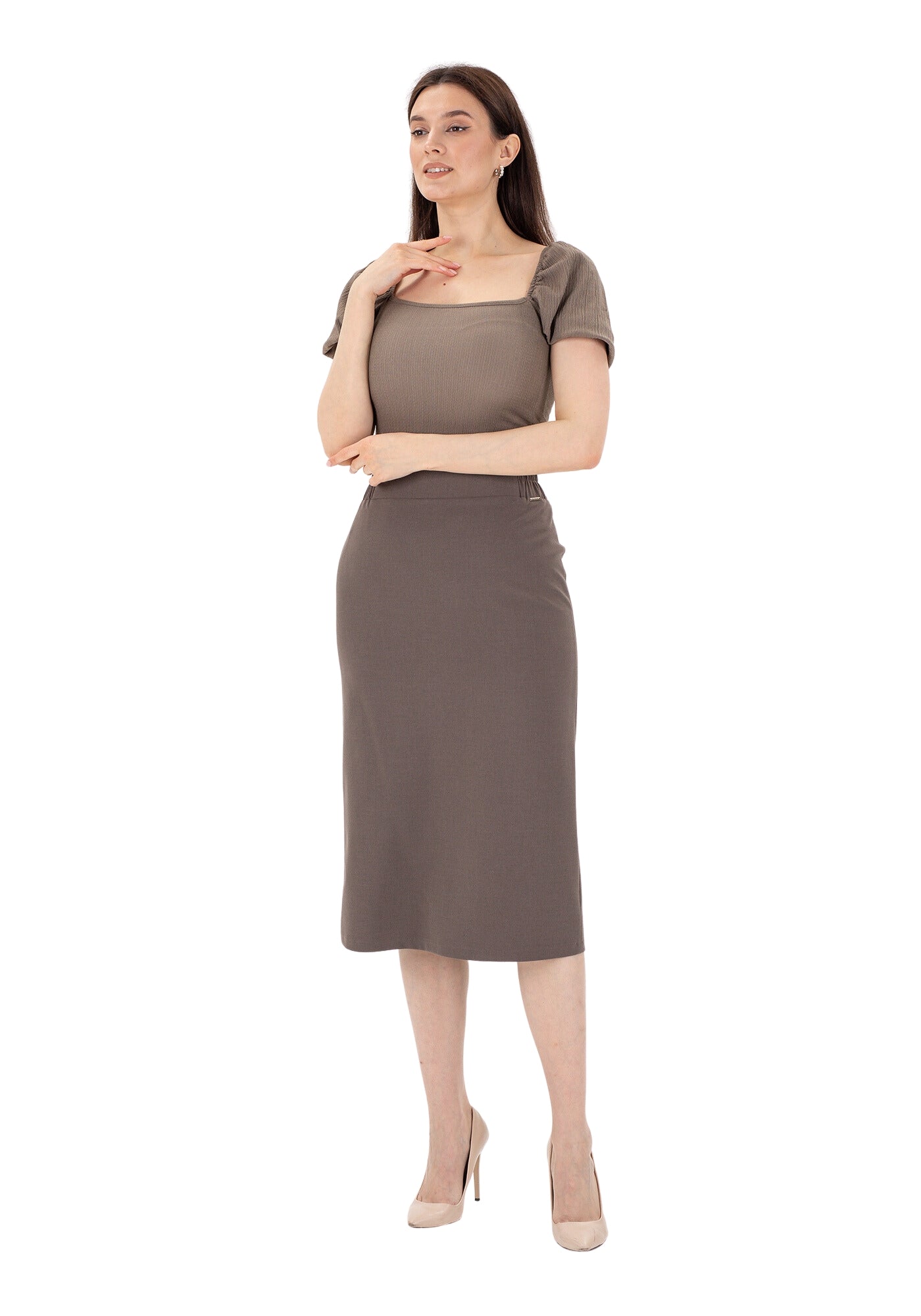 Mink Midi Pencil Skirt with Elastic Waist and Closed Back Vent G-Line