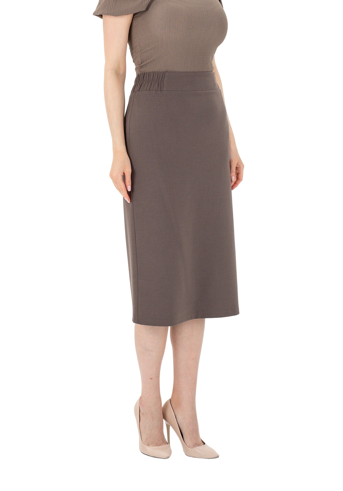Mink Midi Pencil Skirt with Elastic Waist and Closed Back Vent G-Line
