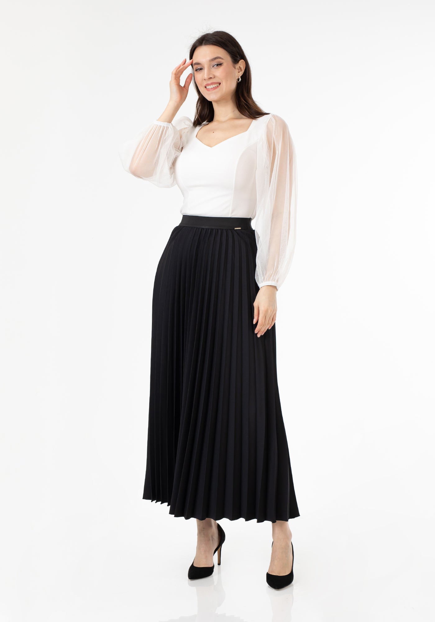 Black Pleated Maxi Skirt Elastic Waist Band Ankle Length Plisse Skirt G-Line
