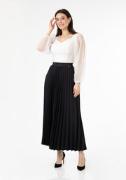Black Pleated Maxi Skirt Elastic Waist Band Ankle Length Plisse Skirt