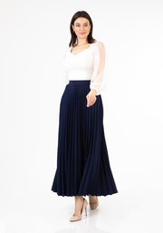 Navy Pleated Maxi Skirt Elastic Waist Band Ankle Length Plisse Skirt
