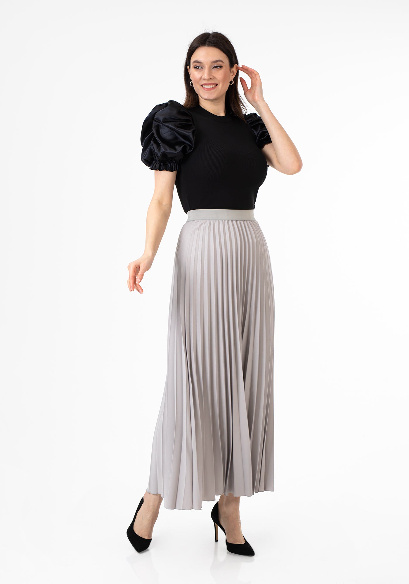 Grey Pleated Maxi Skirt Elastic Waist Band Ankle Length Plisse Skirt G-Line