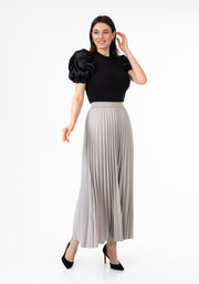 Grey Pleated Maxi Skirt Elastic Waist Band Ankle Length Plisse Skirt