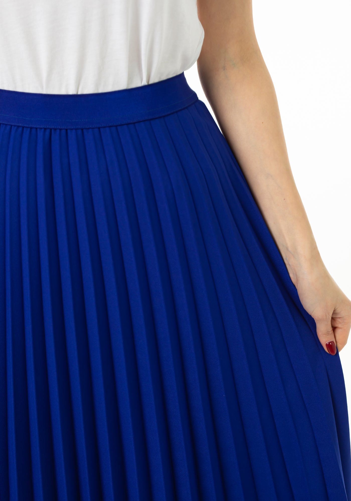 Royal Blue Pleated Maxi Skirt Elastic Waist Band Ankle Length Plisse Skirt G-Line