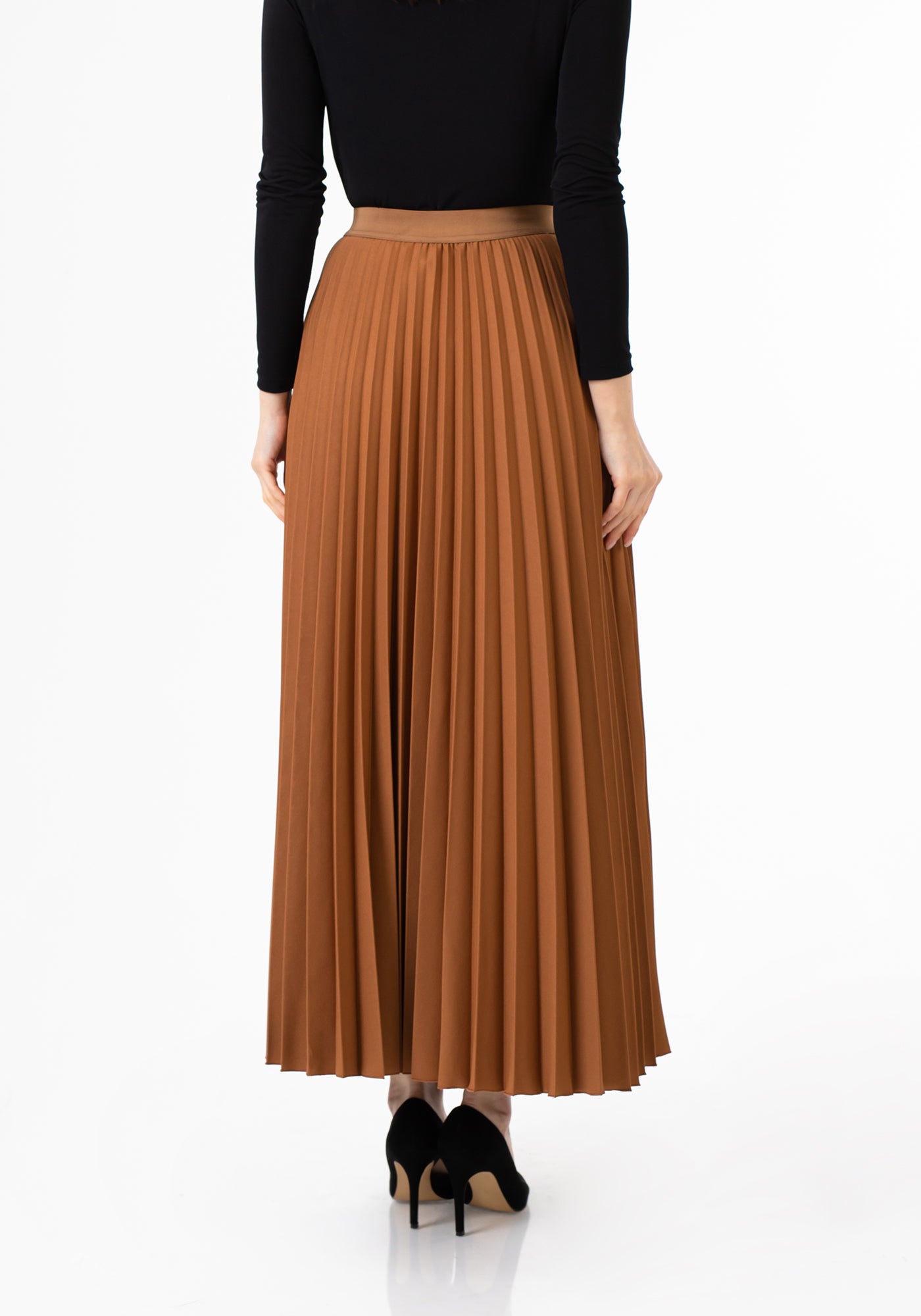 Copper Pleated Maxi Skirt with Elastic Waistband and Ankle Length G-Line