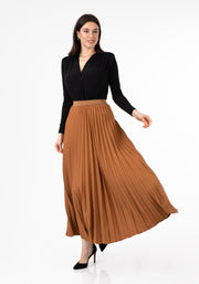 Copper Pleated Maxi Skirt Elastic Waist Band Ankle Length Plisse Skirt