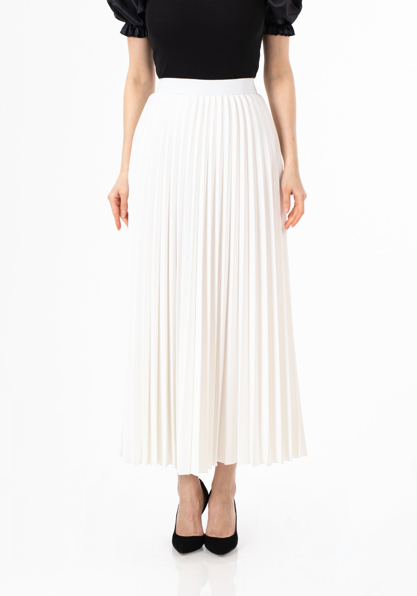 White Pleated Maxi Skirt Elastic Waist Band Ankle Length Plisse Skirt G-Line