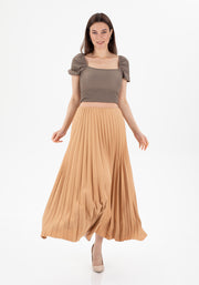 Camel Pleated Maxi Skirt Elastic Waist Band Ankle Length Plisse Skirt