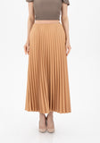 Camel Pleated Maxi Skirt Elastic Waist Band Ankle Length Plisse Skirt G-Line