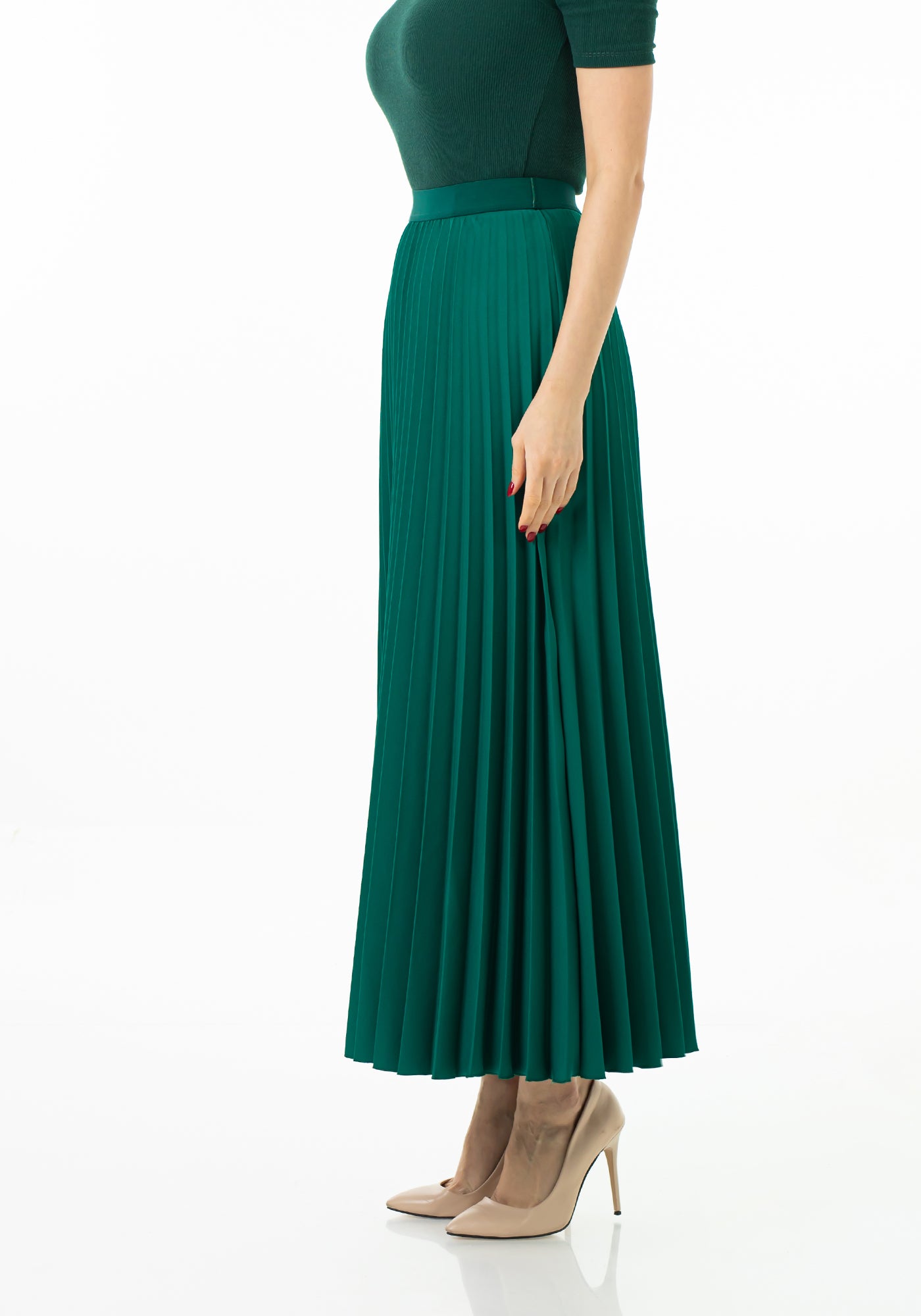 Red Brown Pleated Maxi Skirt with Elastic Waistband G-Line