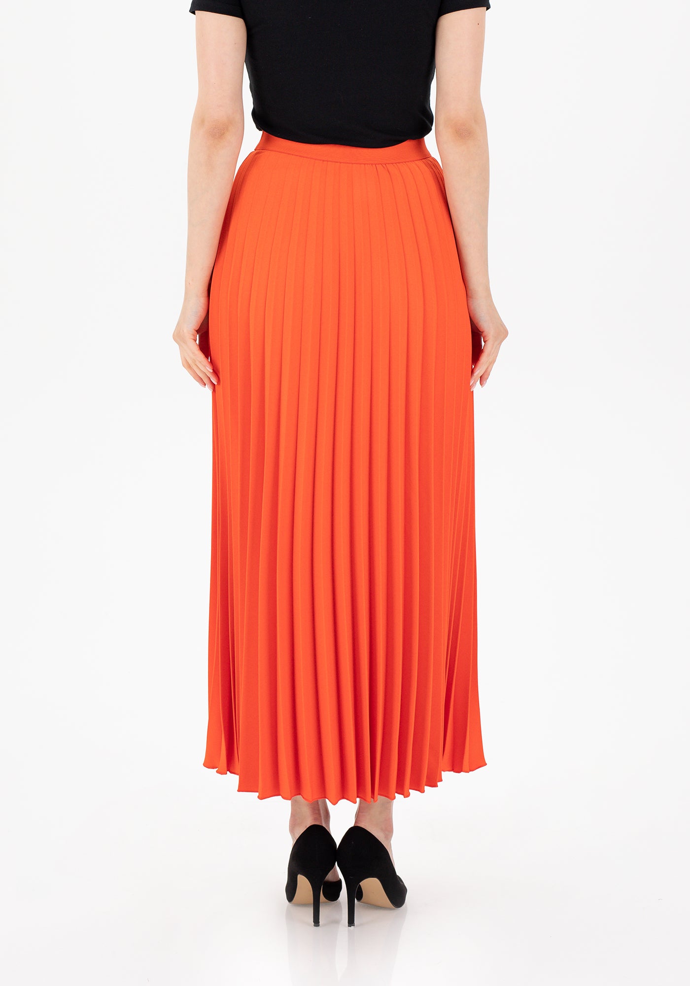 Orange Pleated Maxi Skirt Elastic Waist Band Ankle Length Plisse Skirt G-Line