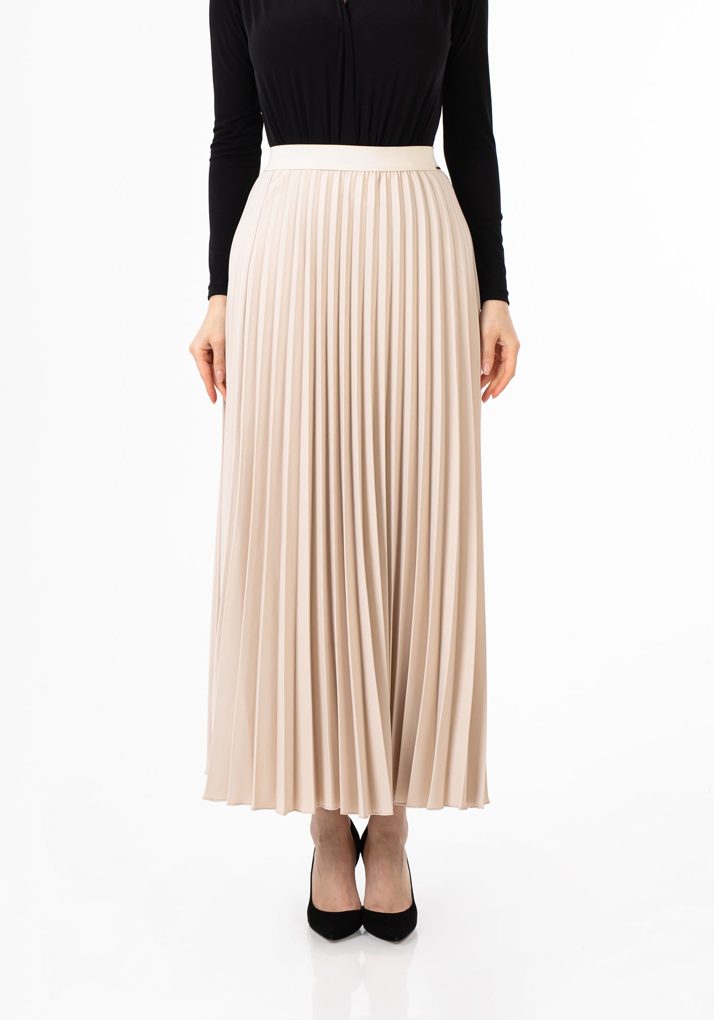 Stone Pleated Maxi Skirt Elastic Waist Band Ankle Length Plisse Skirt | G-Line G-Line