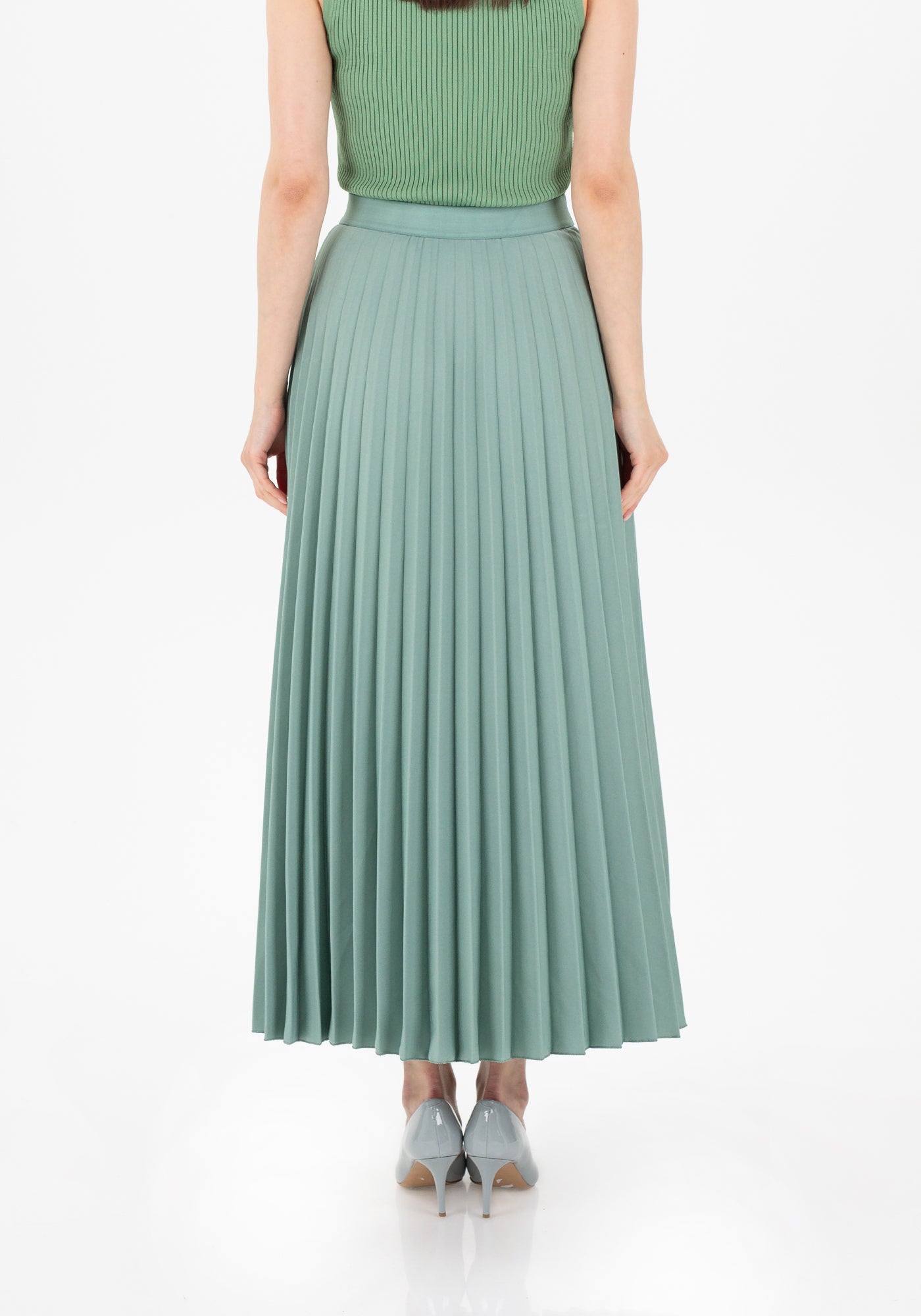 Mint Pleated Maxi Skirt Elastic Waist Band Ankle Length Plisse Skirt G-Line