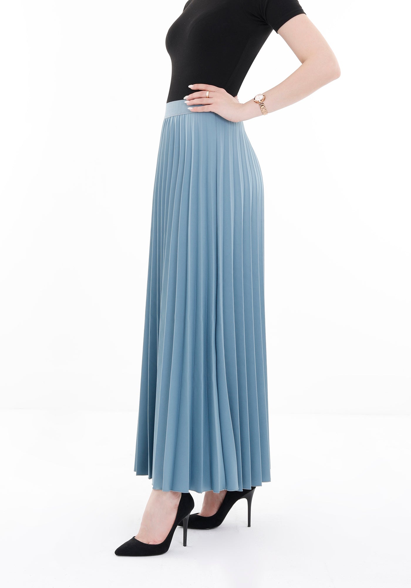 Petrol Pleated Maxi Skirt Elastic Waist Band Ankle Length Plisse Skirt G-Line