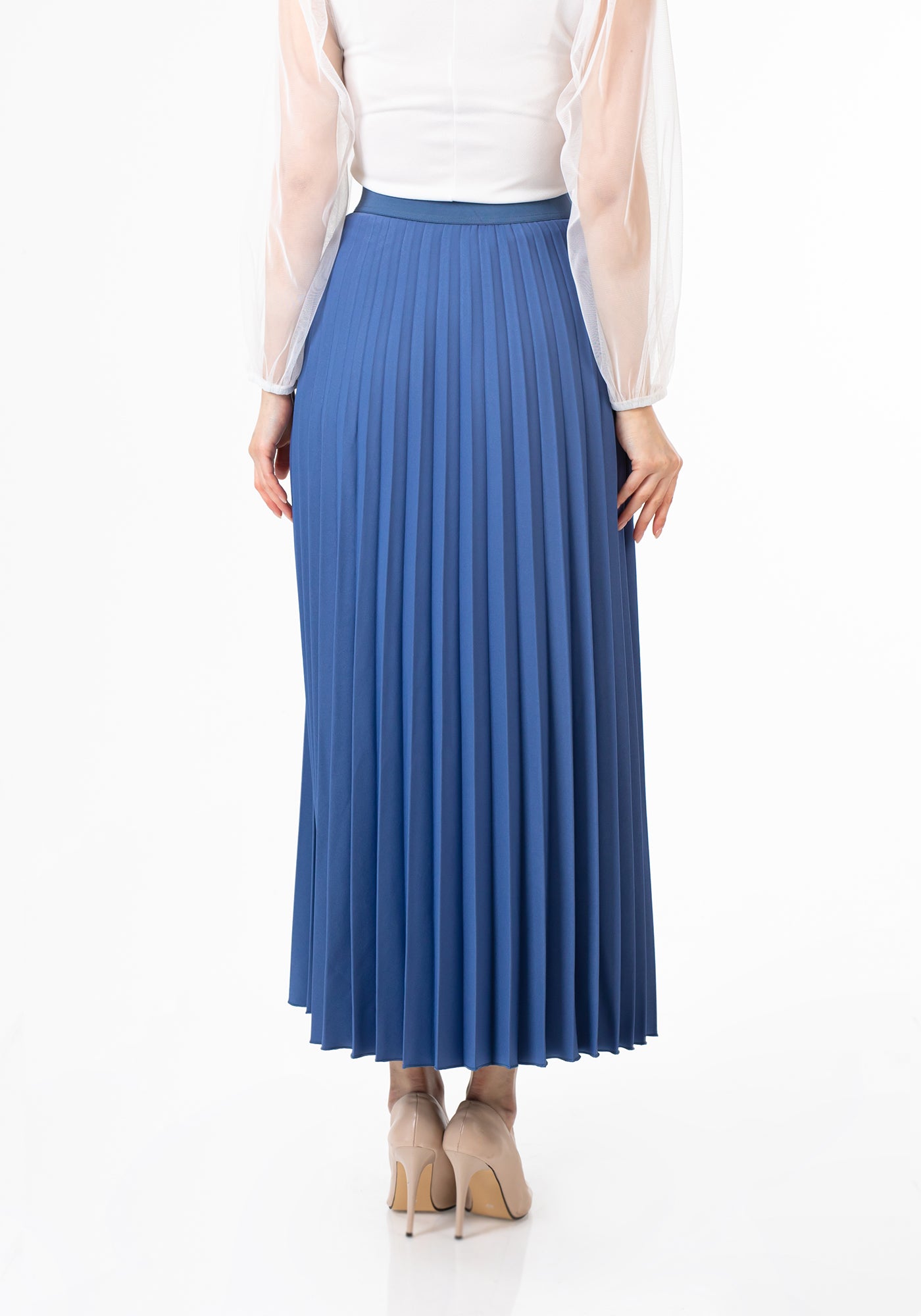 Indigo Pleated Maxi Skirt Elastic Waist Band Ankle Length Plisse Skirt - G-Line G-Line