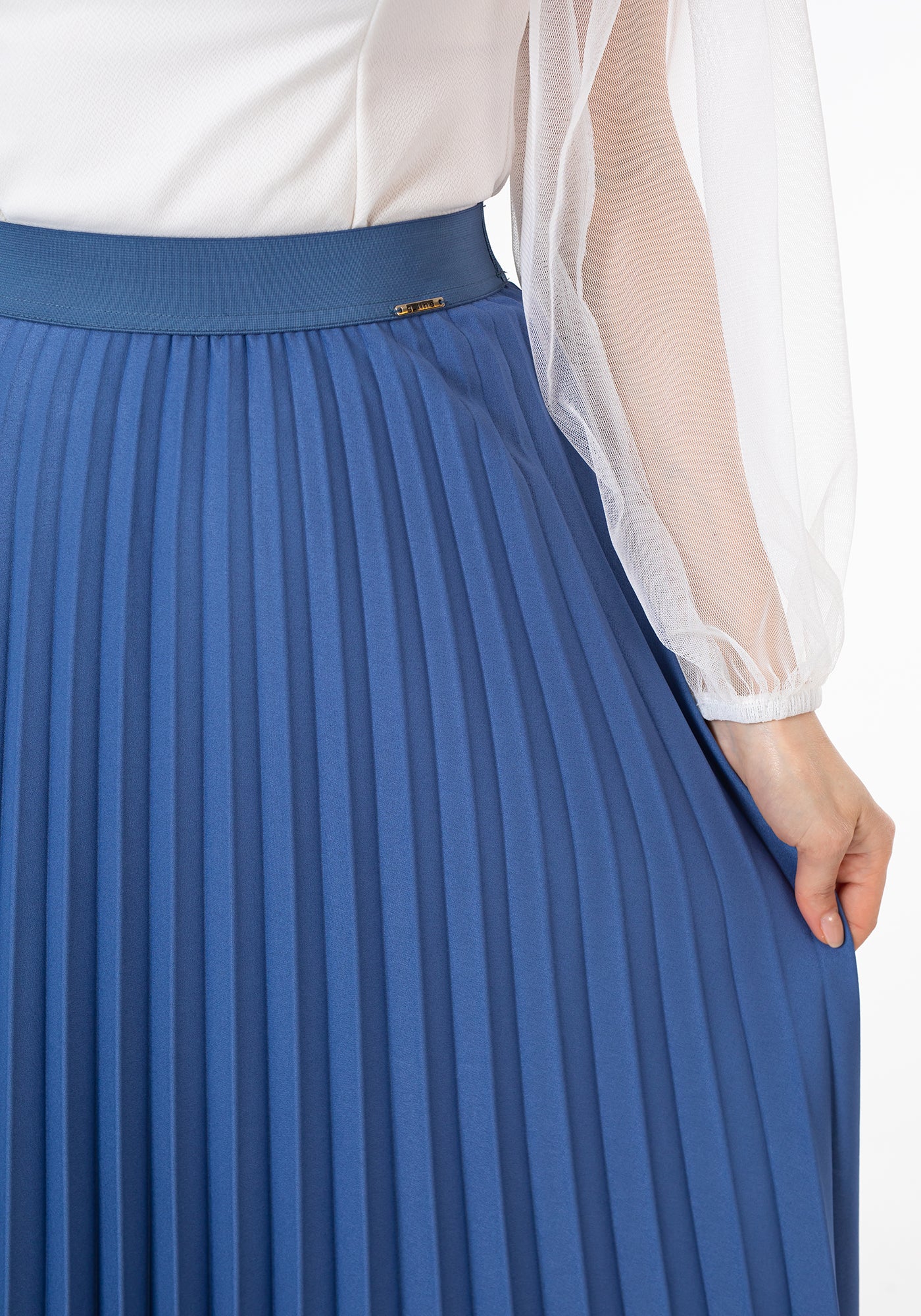 Indigo Pleated Maxi Skirt Elastic Waist Band Ankle Length Plisse Skirt - G-Line G-Line