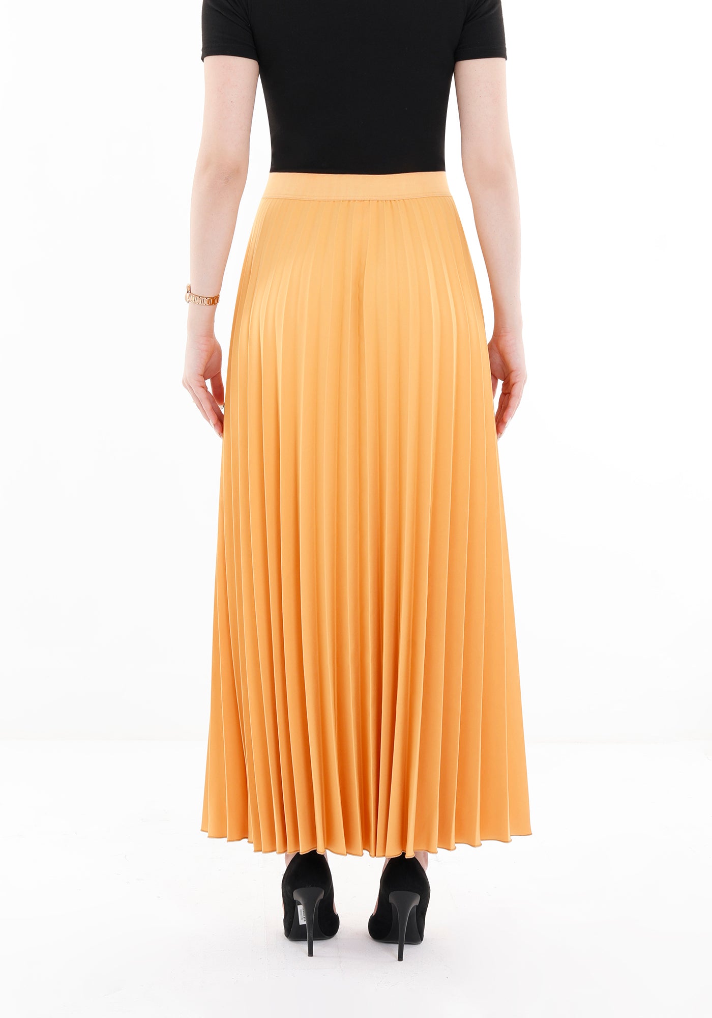 Mustard Pleated Maxi Skirt Elastic Waist Band Ankle Length Plisse Skirt - G-Line G-Line