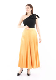 Mustard Pleated Maxi Skirt Elastic Waist Band Ankle Length Plisse Skirt