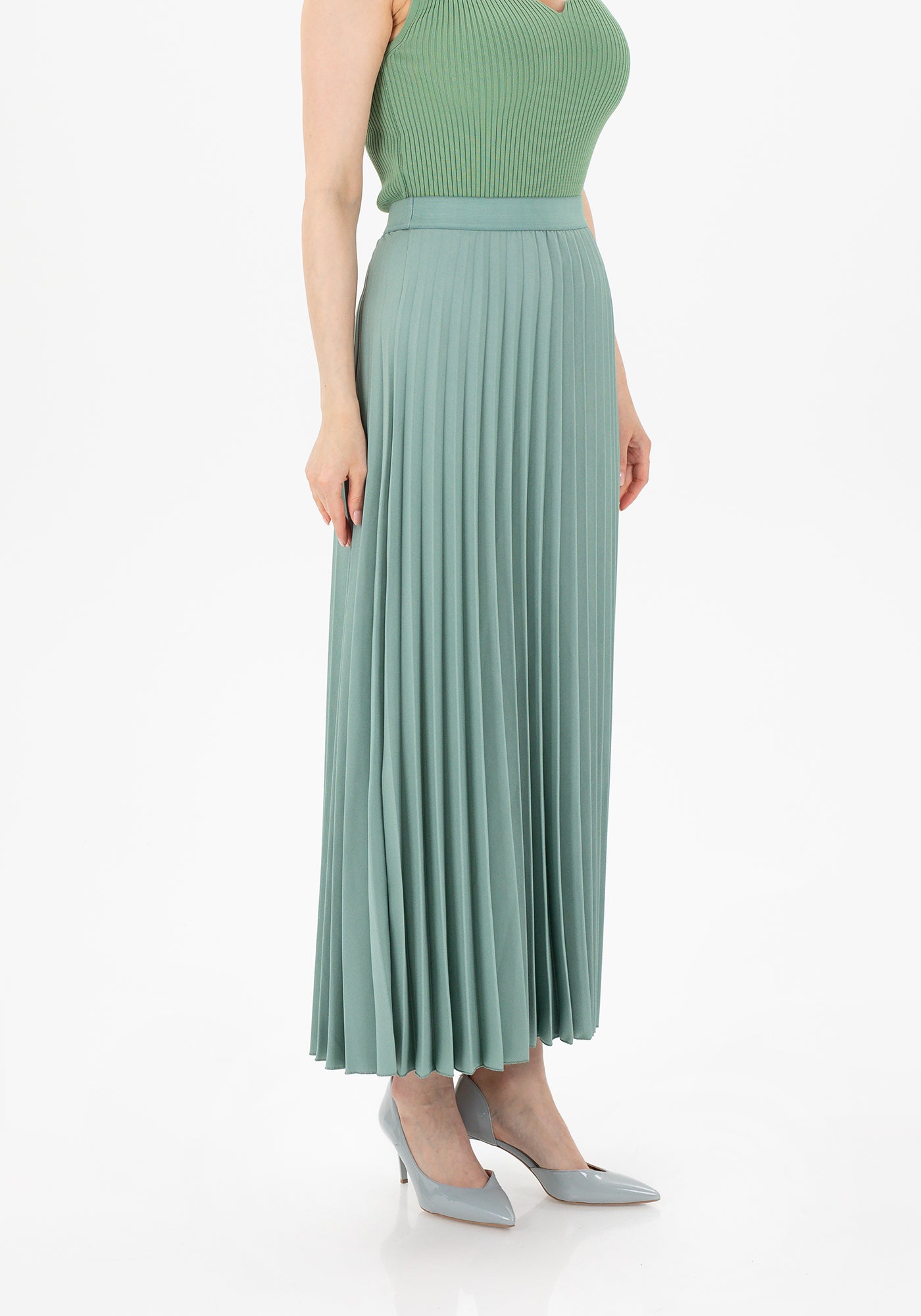 Mint Pleated Maxi Skirt Elastic Waist Band Ankle Length Plisse Skirt G-Line