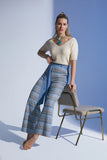 Blue and Colorful Pattern Wide-Leg High-Waist Pants with Belt Guzella