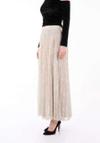 Beige Pleated Black Striped Design Chiffon Plisse Maxi Skirt Guzella