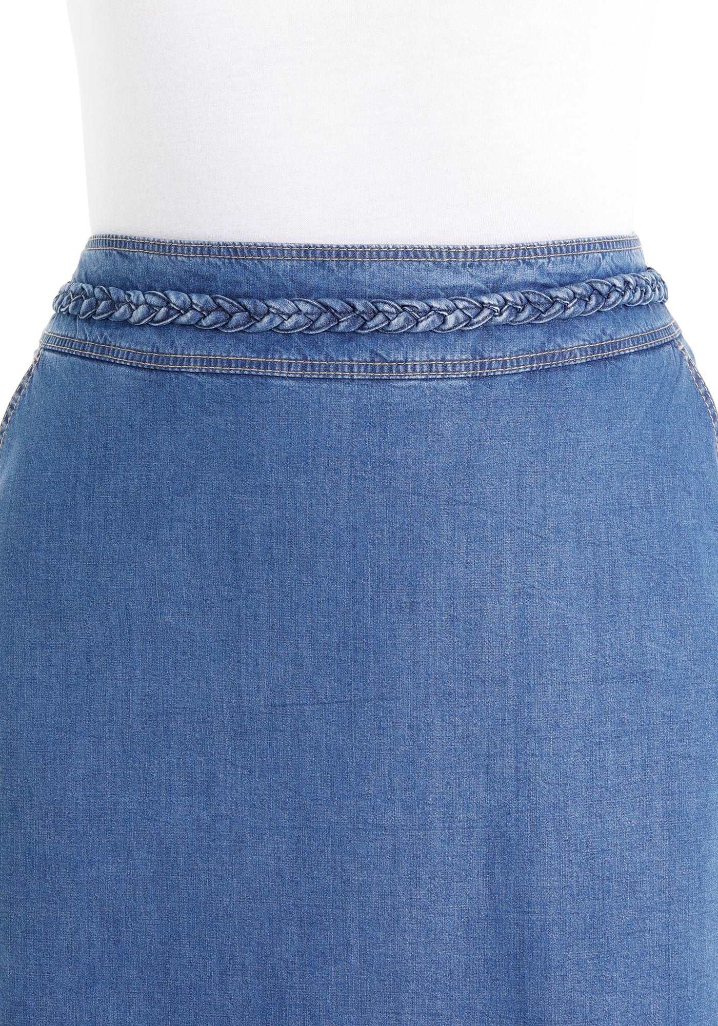 Blue Tencel A-Line Denim Midi Skirt with Knit Waistband Belt and Pockets Guzella