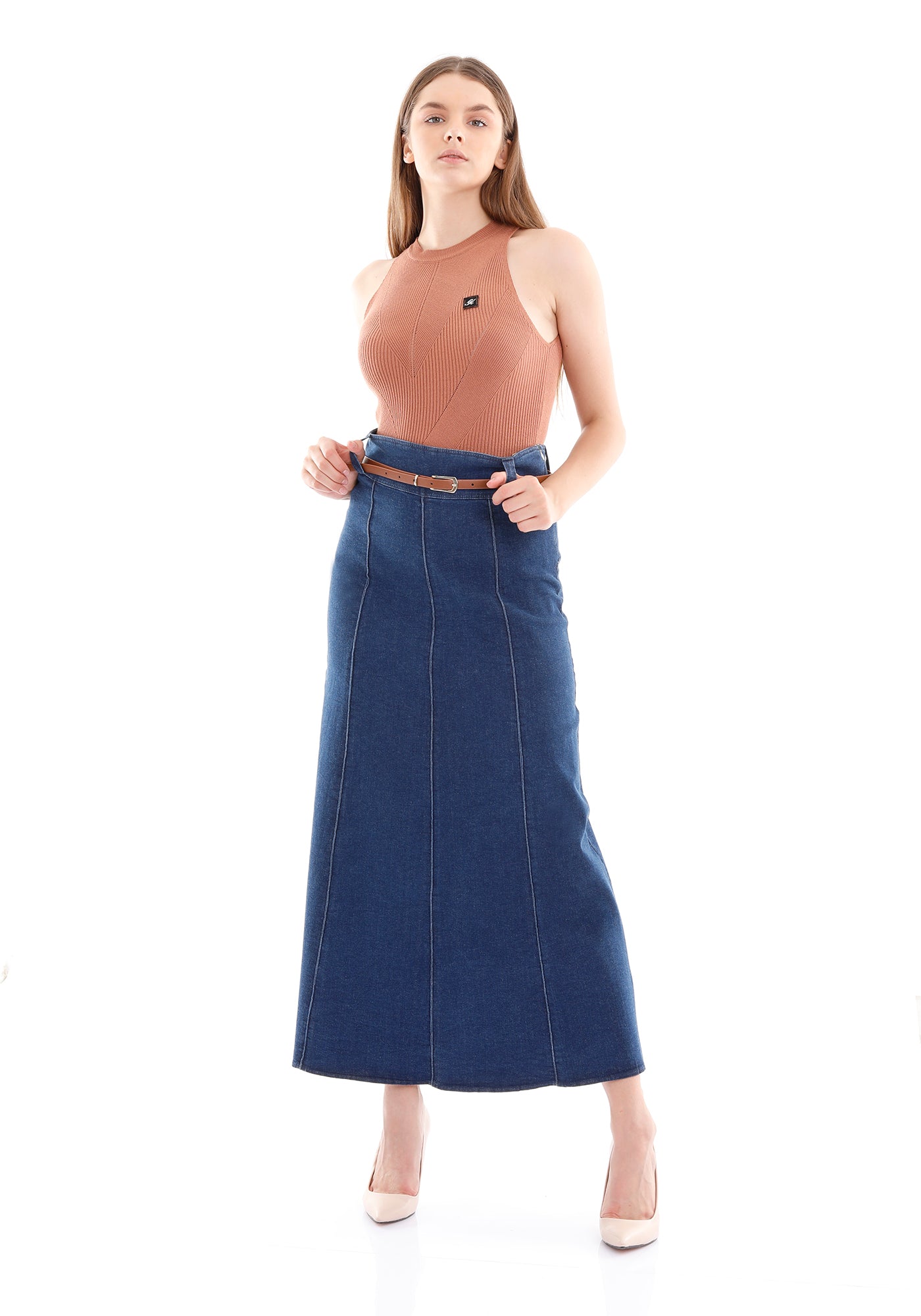 Maxi High Waisted Blue Jean Skirt Eight Gores Panels Flare Skirt with Belt Guzella