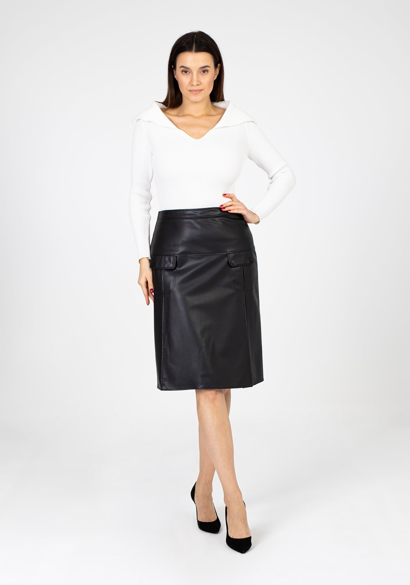 Leather Midi Skirt with Front Double Slits and Pocket Guzella
