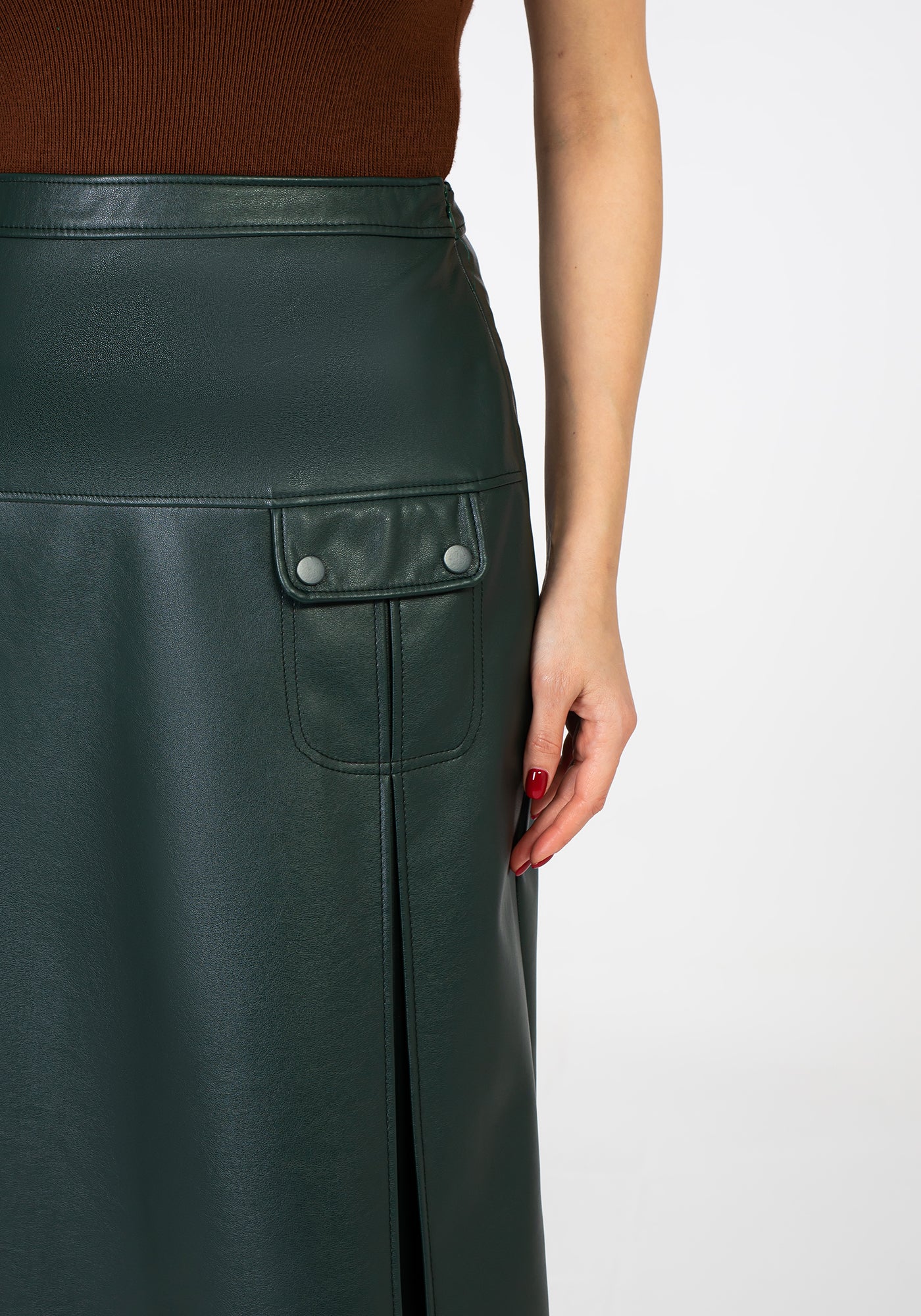 Leather Midi Skirt with Front Double Slits and Pocket Guzella